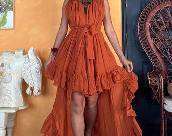Vestido bohemio verde asimétrico, vestido maxi naranja con volantes, vestido de playa de algodón, vestido de invitada de boda, ropa de resort, atuendo para festivales, vestido de algodón de verano.