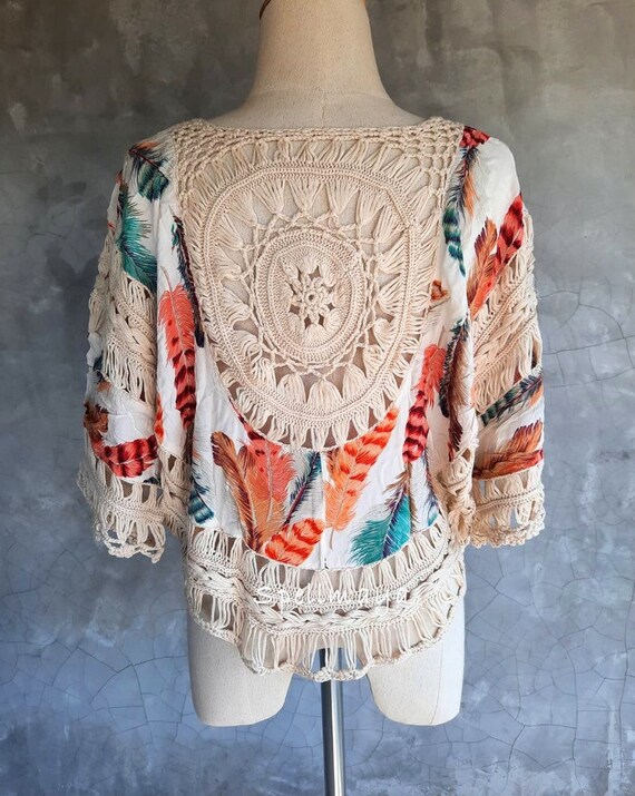 Women Hippie Fringe / Macrame Crochet Blouse Feather Fringe