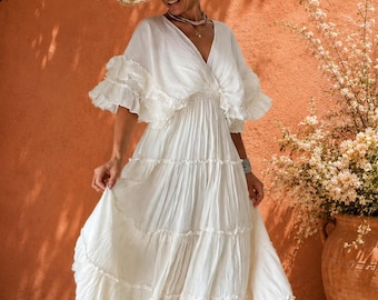 Vestido largo de algodón con volantes estilo bohemio/vestido de novia caftán color crema/vestido de novia bohemio/estilo romántico vintage, vestido largo fluido, vestido con mangas de murciélago