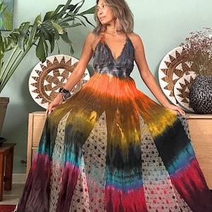 Boho Tie Dye Lace Trim Halter Maxi Dress,Boho Tie dye Backless Wedding Dress,Guest Wedding Dress,Maternity Tie dye For Photoshoot Maxi Dress