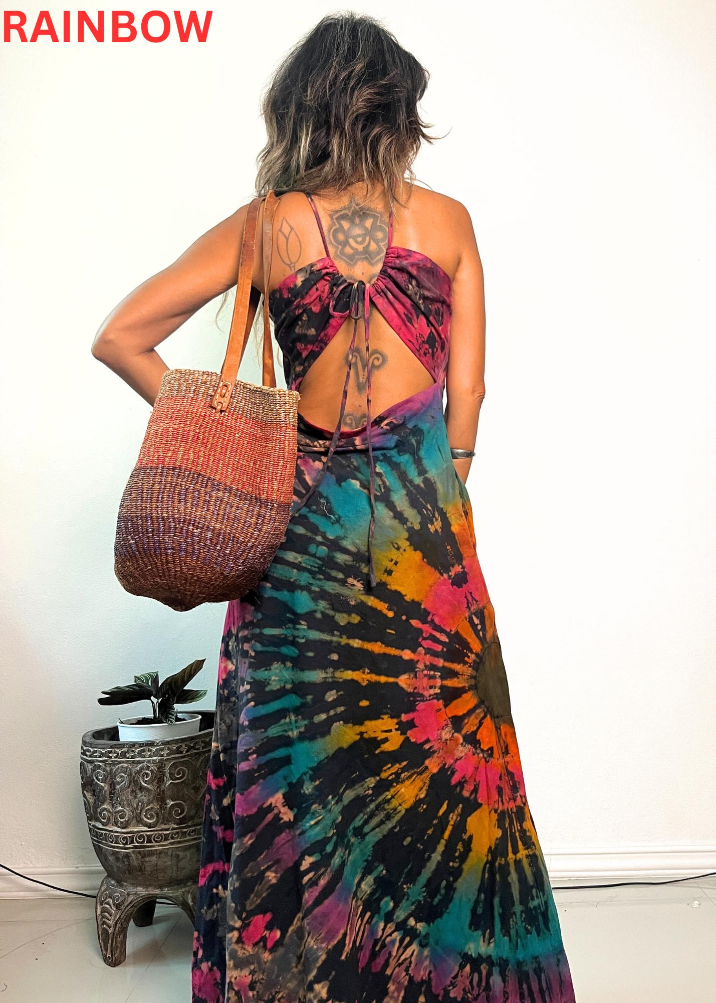 la bamba tie-dye print back lace-up stretch maxi dress Glam Tie-Dye Gown - Lavender Tie-Dye Maxi - Slit Leg Maxi Dress