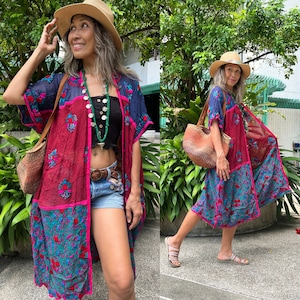Magenta and Blue Boho Chiffon Kimono- Handmade Lace Kimono. Women&#39;s Lace Kimono Jacket