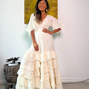 Handmade Bohemian Wedding Dress/White Wedding Dress/Boho V neck Gown dress/Layered dress/Angle Sleeve Maxi dress/Gypsy maxi dress.