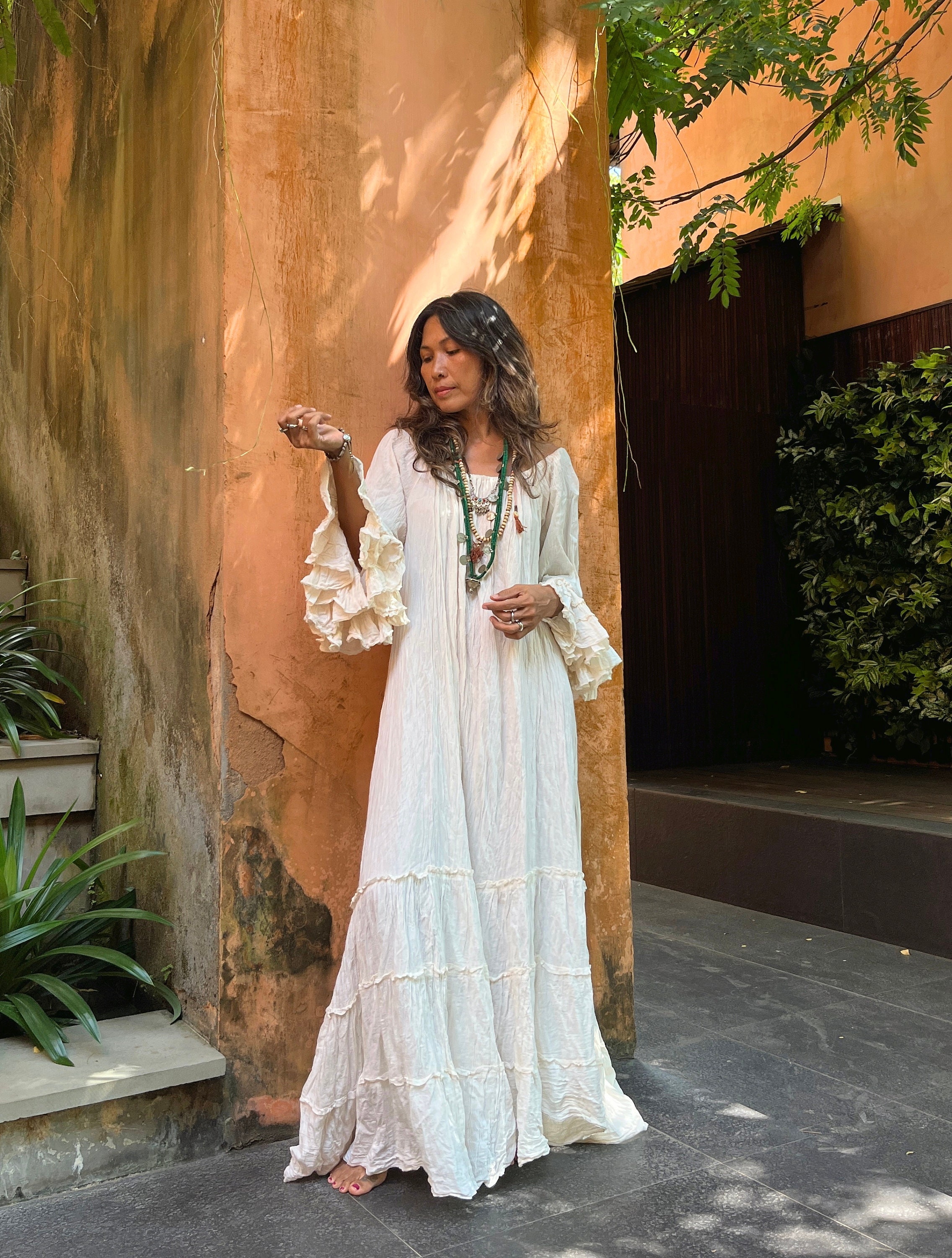 white boho maternity maxi dress Momyknows Cream White Ruched Backless Big Swing Lantern Sleeve Boho Maternity Maxi Dress, White / 2XL