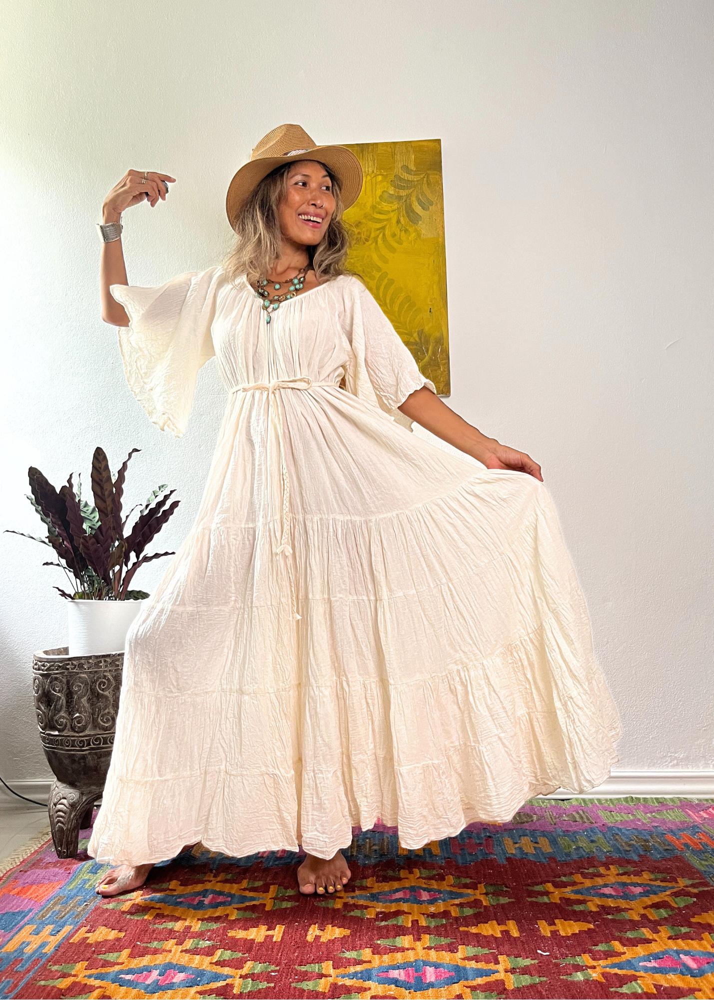 Bohemian off White Wedding maxi dress,Boho Wedding Dress,V neck Flowy Wedding dress,Wide sleeve Cotton maxi dress,Maternity Cotton dress.