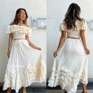 Boho full circle maxi skirt,Boho Wedding set top and skirt in Off white beige,Maternity set top and skirt for Photoshoot, Off shoulder top.