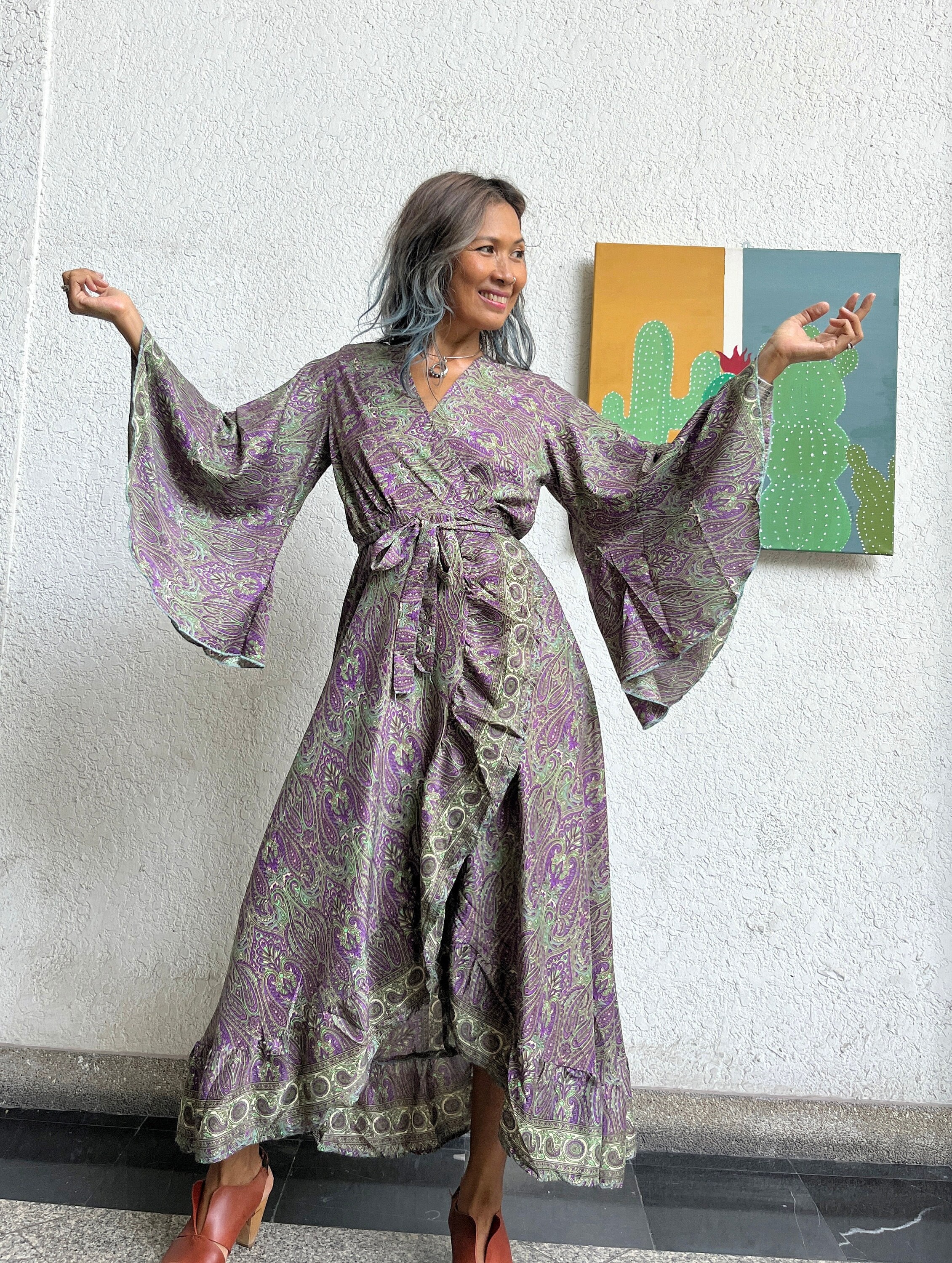 Boho Hippy Pink Silk kimono wrap High low dress,Beach cover up kaftan dress,Boho Width Sleeves Flora silk dress,Festival Flora Beige dress.