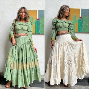 Beach Wedding set top and skirt with lace trim.Maternity top and skirt for photoshoot.Green Crop top,Green maxi skirt,Festival top and skirt
