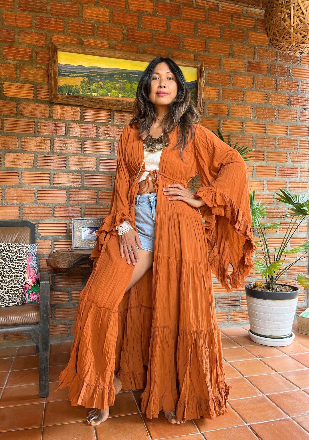 Handmade In Morocco Floral Heavyweight Boho Chic Hippie Duster Kimono Cover Up