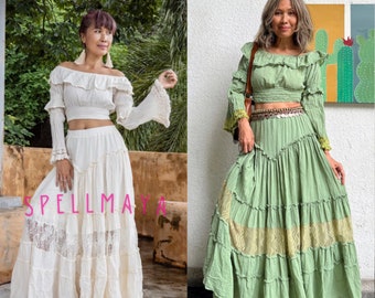 Boho Cream Crop Top Skirt Sets,two Piece Set,ruffle Top Lace