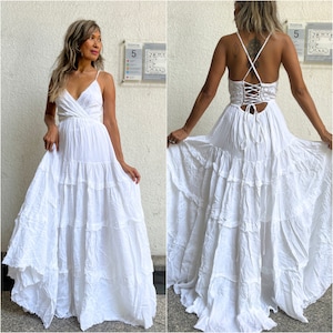 Boho Backless Halter Maxi Dress,Beach maxi dress,Maternity Photoshoot maxi dress, Boho Wedding Dress,Deep V-Neck lace up white maxi dress
