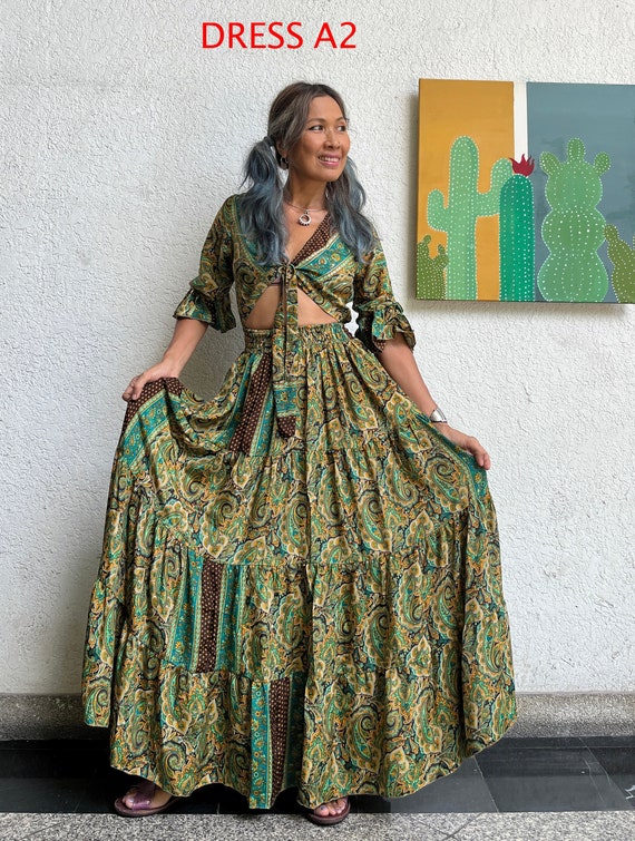Boho Block Printed Maxi dress,Festival Flora Dress,Silk Flora Front Tie Dress,Boho Outfits,Green Flora dress,Belly Dance Silk Flora Dress.