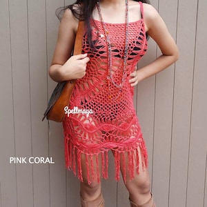 Half Moon In Color- Crochet Dress with Fringe- Off-White, Forest Green, Mocha, Cerulean. Crochet Dresses.