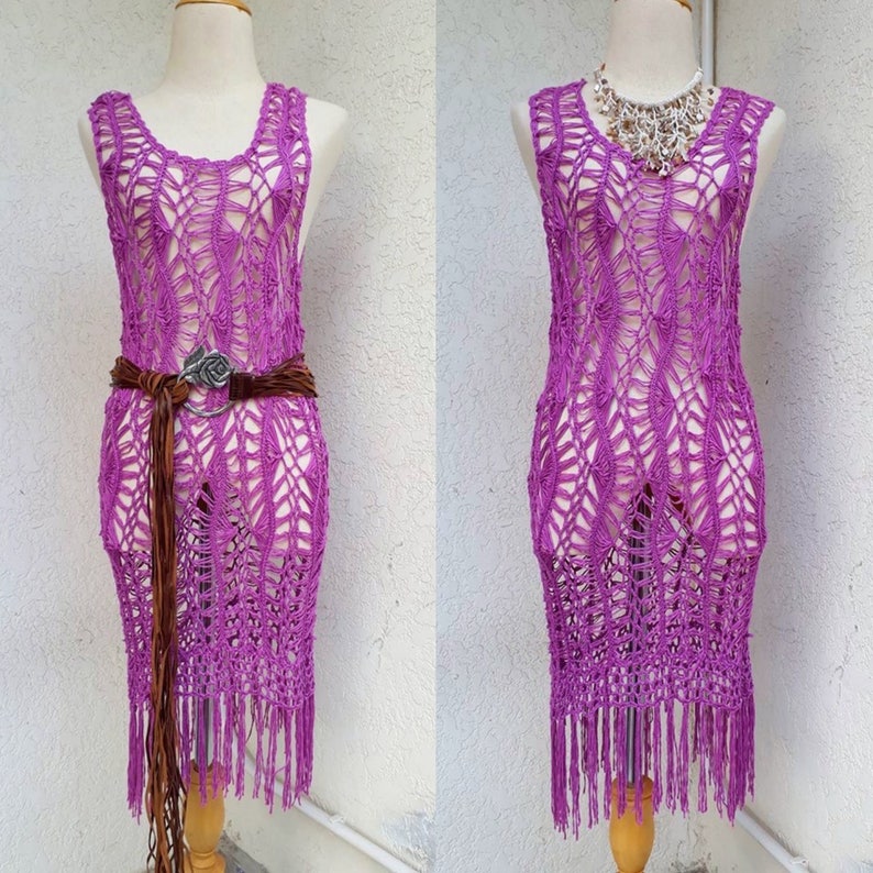 Light Purple Macrame Woven Crochet Dress with Fringe Beach Bikini Cover up Holiday Vacation Festival Dress.
