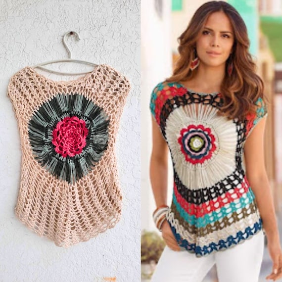 Boho Beige Crochet Blouse, Summer Floral Beach Cover Up Boho Beige Crochet Blouse, Summer Floral Beach Cover Up