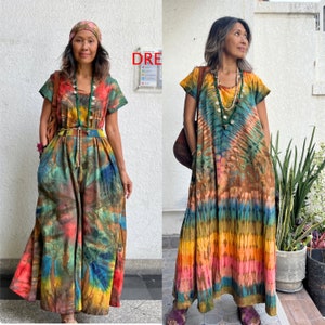 Boho Tie dye Kaftan Dress with pockets,Hippie Tie dye Maxi Dress,Festival Tie dye dress,Festival tie dye dress ,Crew neck tie dye dress.