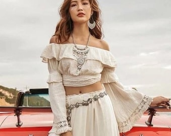 Conjunto de dos piezas Boho, top corto de algodón con falda con volantes, conjunto de boda bohemio, conjunto de dos piezas de maternidad, top de verano, opción de solo top, solo falda o conjunto.