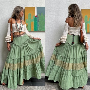 Boho Green Lace Trim Skirt,2 Piece Set Top and Skirt,smocked Top,bell ...