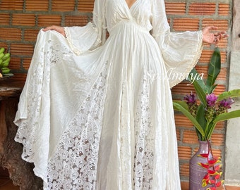 Robe de mariée bohème, robe de mariée crème à manches larges, robe de mariée de plage, robe longue grossesse pour séance photo, robe de mariée pour séance photo.