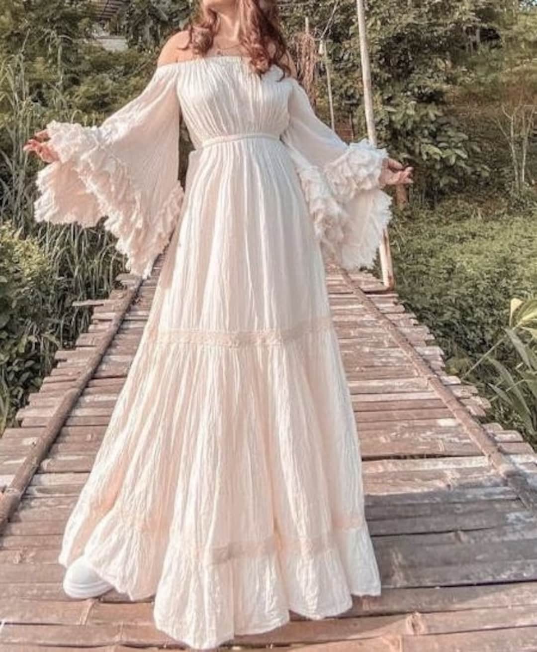 Bohemian Off-Shoulder Wedding Dress, Ruffle Sleeve Raw Cotton Maxi