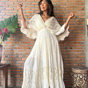 Boho Lace Trim Cotton Maxi Dress/Kaftan Cream Wedding Dress/ Boho Wedding Dress/Ruffle Maxi Dress/Romantic Vintage Style, Flowy Long Dress. image 9