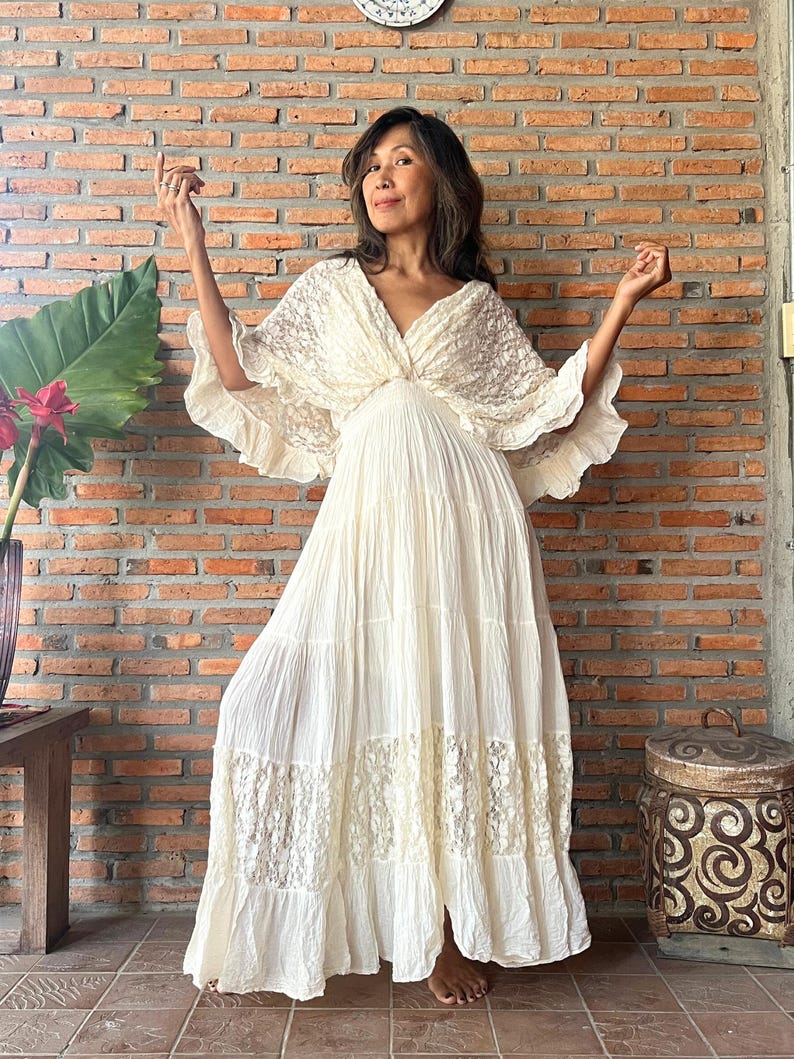 Boho Lace Trim Cotton Maxi Dress/Kaftan Cream Wedding Dress/ Boho Wedding Dress/Ruffle Maxi Dress/Romantic Vintage Style, Flowy Long Dress. image 9