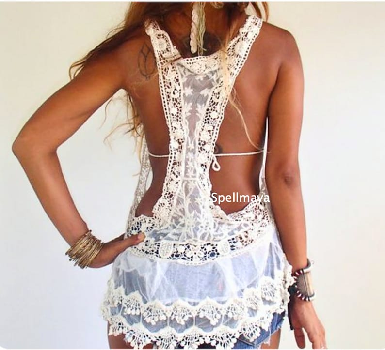 Sheer Lace Tank Top /Boho Lace Top/ Romantic Lace top/Swim suit cover up./Bikini cover up,Mesh lace Tank/Lace Tank Top/Sheer lace Cream Top image 2