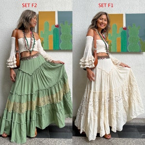 Boho gesmoktes Off-White-Beige-Crop-Top, Boho-Fransen-Engelsärmel-Crop-Top, grüner Spitzenbesatz-Rock, 2-teiliges Set-Top und Rock, Schulterfrei-Oberteil.