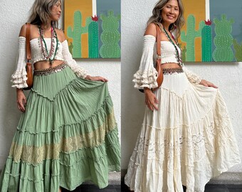 Boho Smocked Off white beige crop top,Boho Fringe Angel Sleeve Crop top,Green lace trim skirt,2 piece set top and skirt,Off Shoulder top.