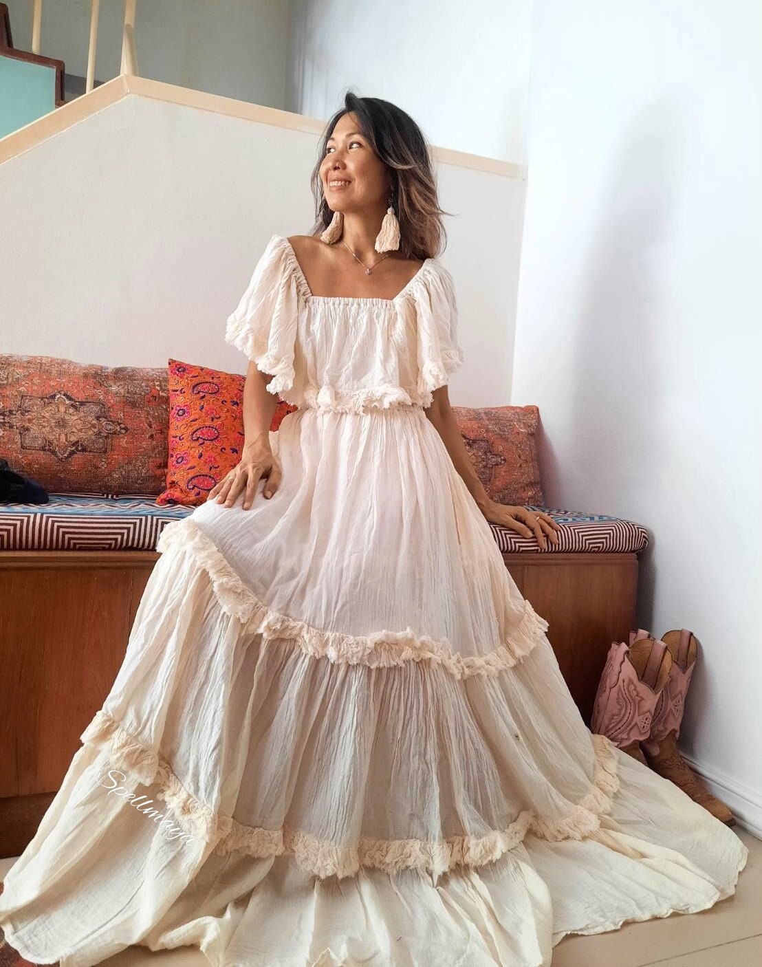 Flowy Cream Boho Dress ubicaciondepersonas.cdmx.gob.mx