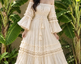 Boho Off Shoulder Dress,Boho Ruffled Maxi Dress,Layered  maxi dress,Boho Wedding Dress,Engagement Dress, Maternity photoshoot Maxi dress