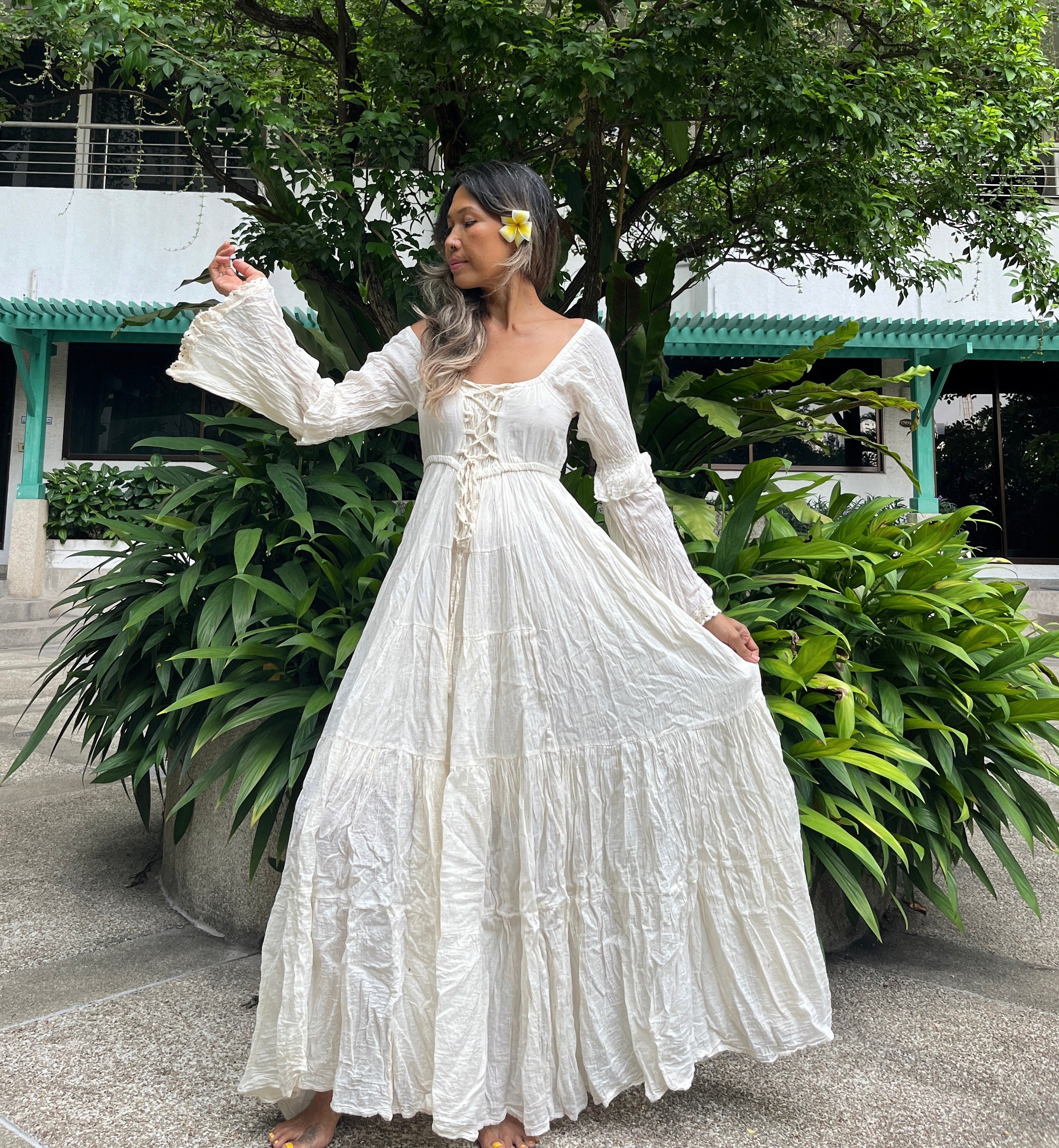 Handmade Smocked Boho Off Shoulder Dress/Beach Maxi Dress/Boho Cream Wedding Dress/Wide Sleeve Wedding Dress/Lace Up Maxi Dress.