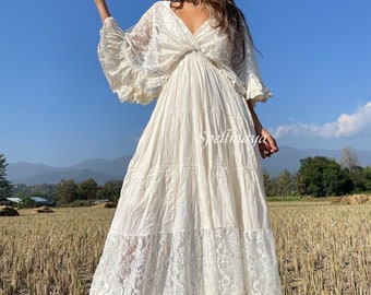 Boho Lace Trim Cotton Maxi Dress/Kaftan Wedding Dress/ Boho Wedding Dress/Ruffle Maxi Dress/Resort wear/Vacation Maxi Dress,Plus size dress.