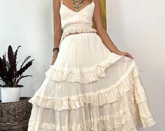 Falda larga estilo boho, falda larga blanca de algodón con volantes,