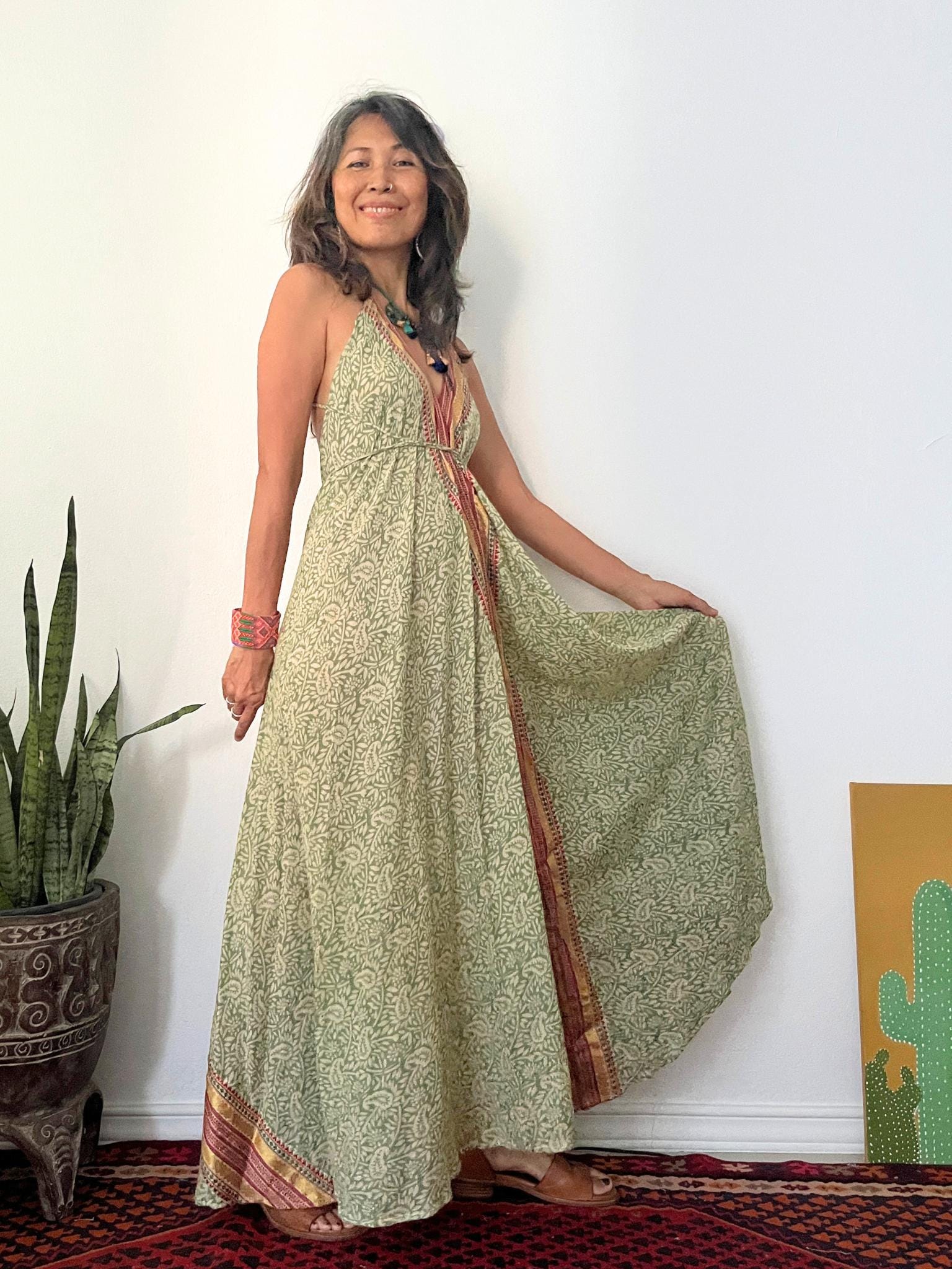 Boho Green/brown Maxi Dress Backless, Halter Block Printed Dress,  Adjustable Under Bust, High Low Hem Block Print Soft Cotton Flowing Dress.  - Etsy
