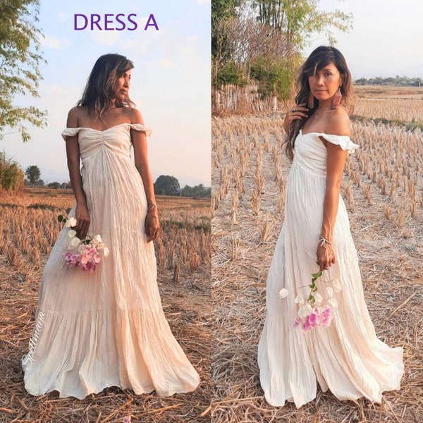 Bohemian Wedding Dress/Cream Wedding Dress/ Boho Wedding Dress/Maxi Wedding Dress/Maternity for Photoshoot dress/Off shoulder maxi dress