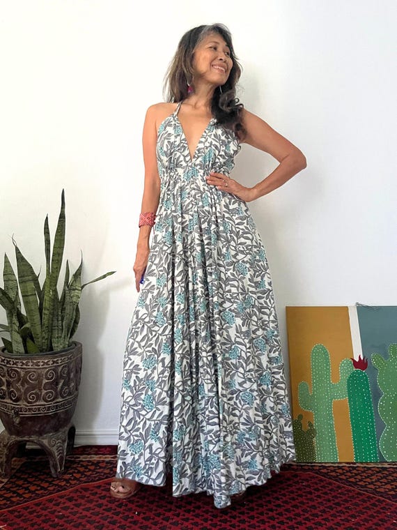 Boho Block Printed Flora Gray Halter Maxi Dress,maternity Flora Maxi  Photoshoot Dress,backless Flora Dress,vacation Flora Backless Dress. - Etsy