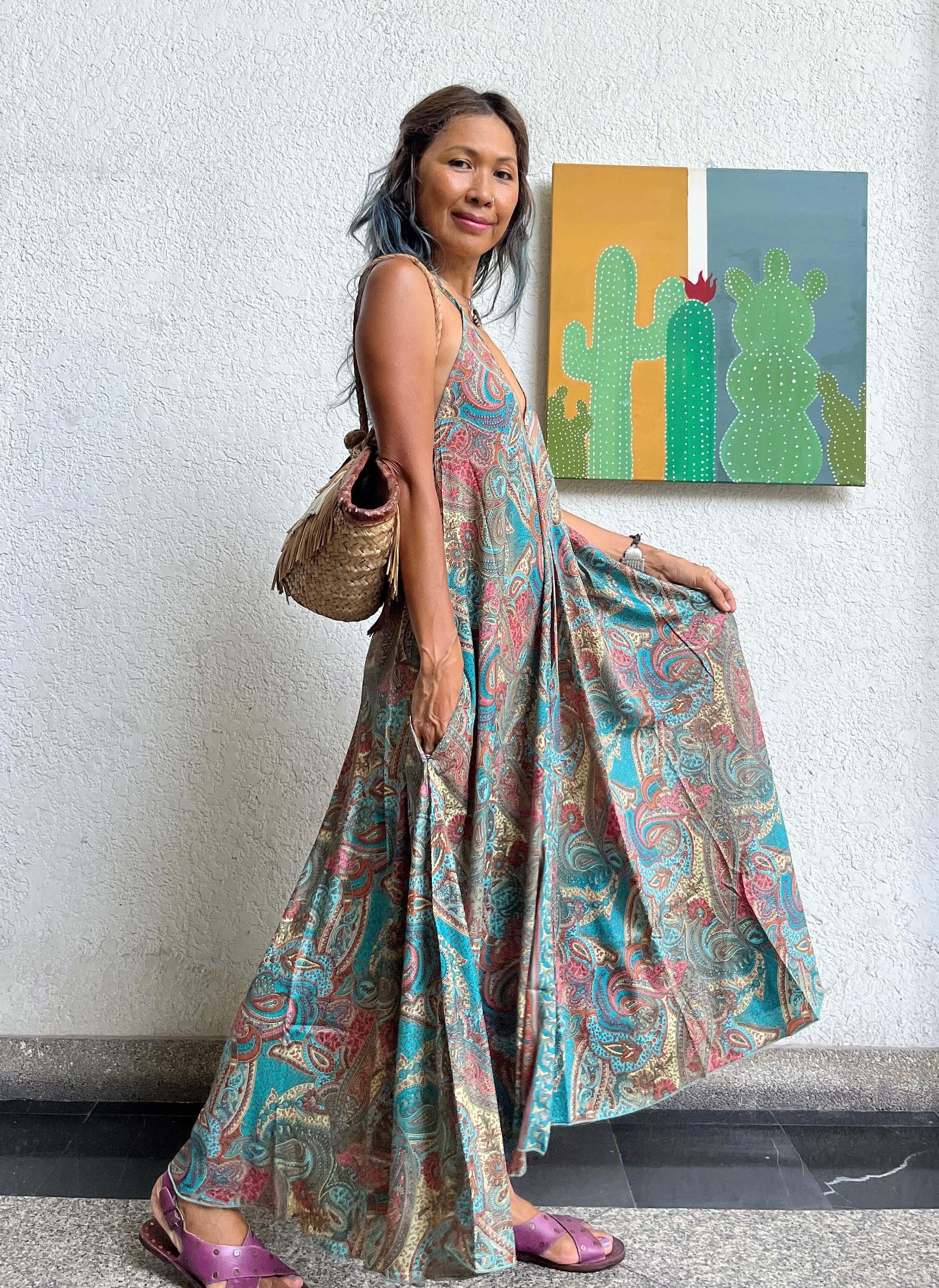 Boho Multiple Color Silk Paisley Maxi Dress,Block Printed Floral V Neck dress,Spaghetti Straps Maxi dress,Maternity Dress,Beach Floral Dress, image size:2188x3000