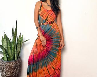 Vestido largo estilo boho tie-dye, ideal para la playa, el embarazo, ajustado al cuerpo, con espalda tejida, súper elástico y sin mangas. Ropa de mujer.