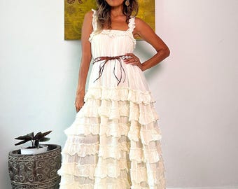 NEW---NO.325 Women's Spaghetti Strap Tiered Ruffle Maxi Dress, Flowy Summer  Beach Long Dress, Boho Chic Cotton Maxi Dress in Cream - Etsy
