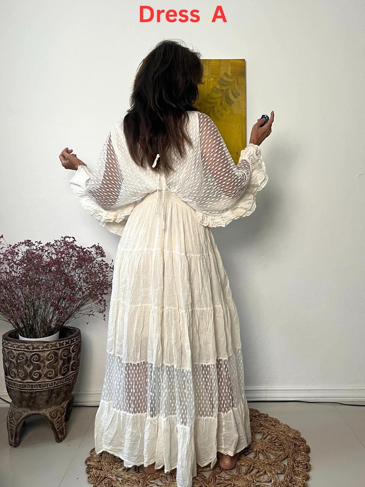 Boho Lace Trim Cotton Maxi Dress: Ruffle Sleeve Kaftan Wedding Dress