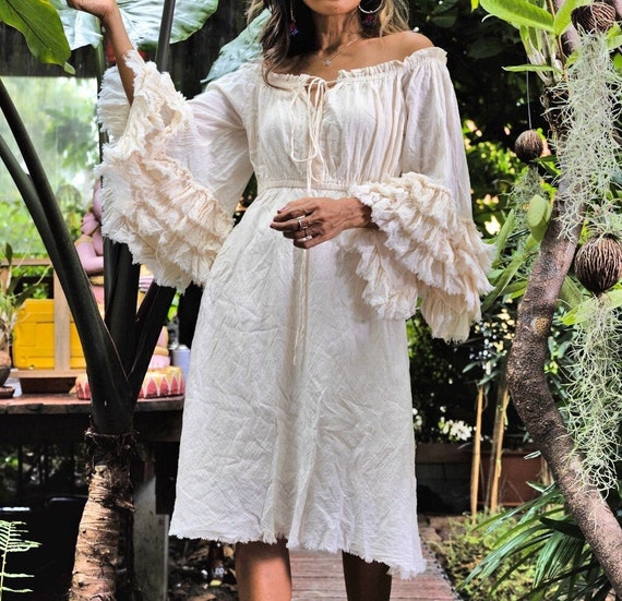 Bohemian Raw Cotton Dress,boho Raffle Sleeve Dress,gypsy Ruffle Dress,handmade  Cotton Dress,boho off Shoulder Dress,beach Cotton Dress - Etsy