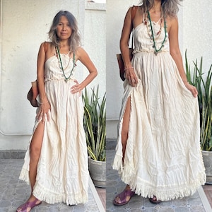 Boho Off White Halter Maxi Dress,Cotton Fringe Maxi dress,Spaghetti strop dress,Backless maxi dress,Maternity for photoshoot dress