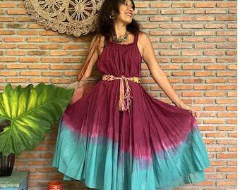 Boho Hand Dyed Ombre Midi dress, Flowy sleeveless dress summer dress,Tie dye Festival Dress,Cotton Gradients dress,Beach dress,Casual dress.