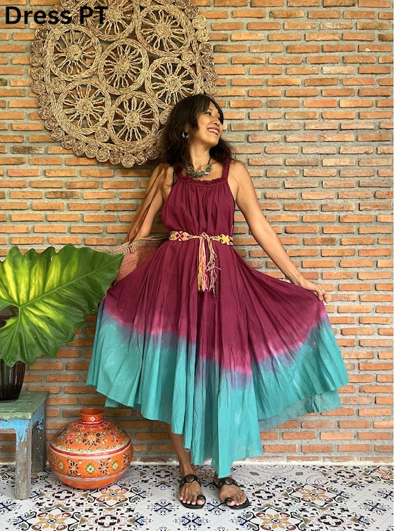 Boho Hand Dyed Ombre Midi dress, Flowy sleeveless dress summer dress,Tie dye Festival Dress,Cotton Gradients dress,Beach dress,Casual dress.