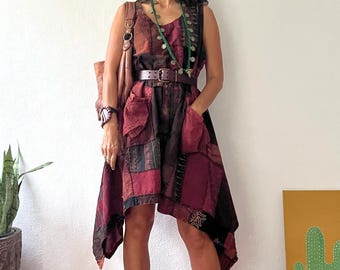 Vestido bohemio de patchwork asimétrico, túnica bohemia hecha a mano de tela suave, sin mangas, estilo festivalero, único, con dos bolsillos delanteros, vestido de corte relajado.