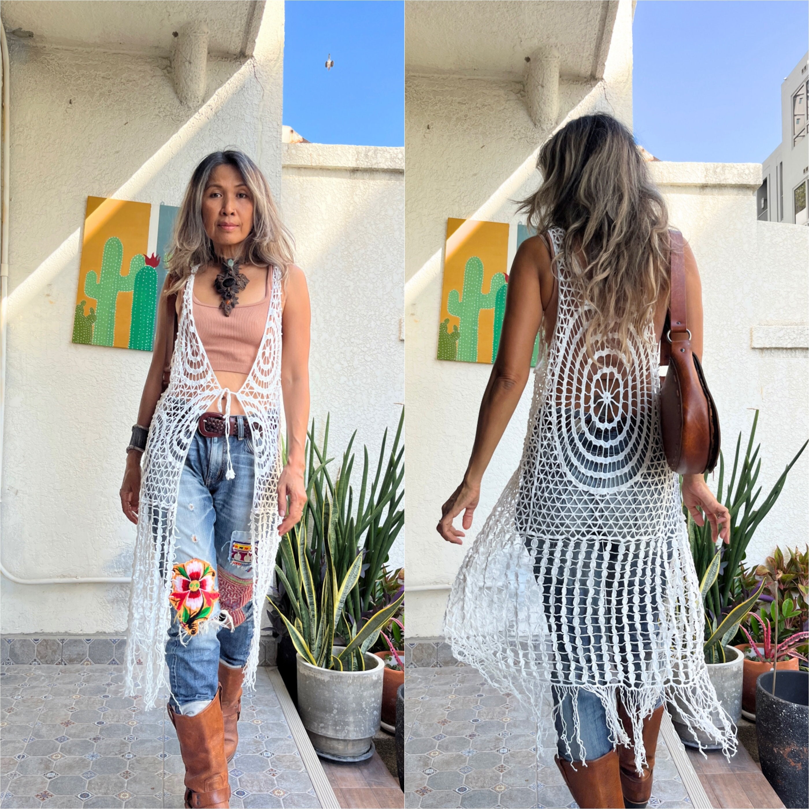 Acka fringe flower long vest サイズ2 Bohemian 3 Colors Black,cream,white Lace Long Vest/festival Lace