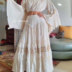 Boho Set of top and skirt, Flamenco Skirt,Boho Ruffle Skirt,Maternity set in skirt,Cream Width sleeve top,Option top only, Skirt only or Set