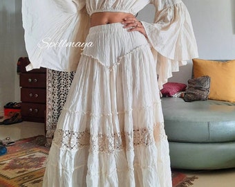 Conjunto boho de top y falda, falda flamenca, falda boho con volantes, conjunto de maternidad con falda, top de manga ancha color crema, opción: solo top, solo falda o conjunto completo.