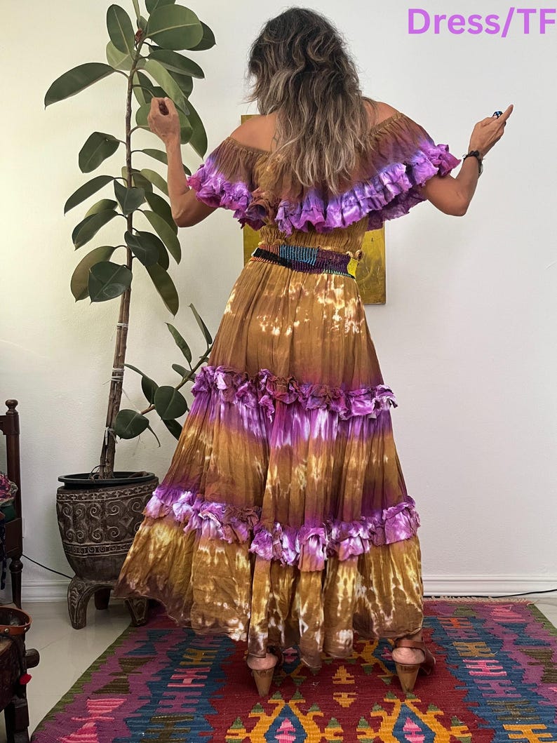 Boho Tie dye High slit maxi dress,Cotton maxi dress,Festival tie dye dress,Vacation maxi dress,Multiple tie dye dress,Off shoulders dress. image 2
